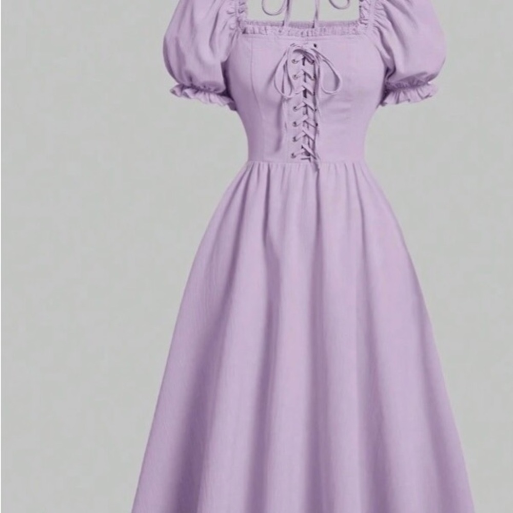 Lavender Puff-Sleeve Lace-Up Maxi Dress